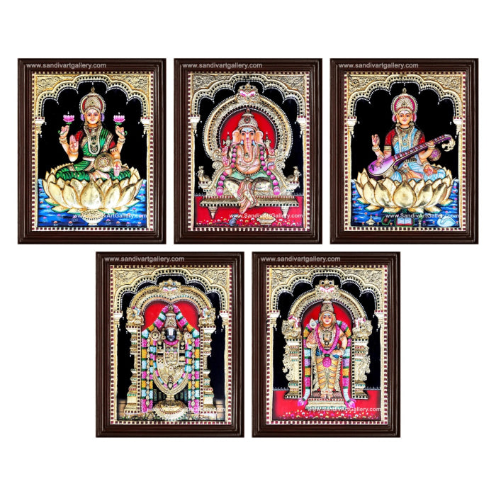 Vinayagar Lakshmi Venkateshwara Saraswathi and Thiruchendur Murugar- Pooja Room 3D Embossed Tanjore Paintings