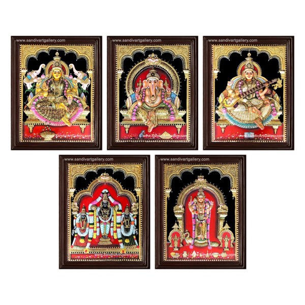 Ganesha Gajalakshmi Vishnu with Sreedevi Boodevi Saraswathi and Thiruchendur Murugar- Pooja Room 3D Super Embossed Tanjore Painting
