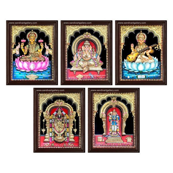 Vinayahar Lakshmi and Saraswati on Lotus Balaji and Raja Alangara Murugar- Pooja Room 3D Super Embossed Tanjore Painting