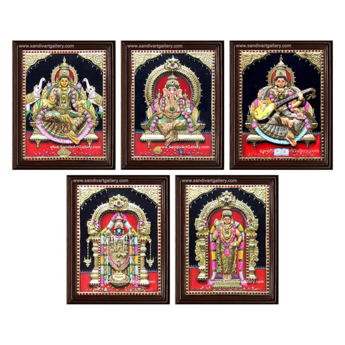 Vinayagar Lakshmi Balaji Saraswathi and Murugan- Pooja Room 3D Embossed Tanjore Paintings