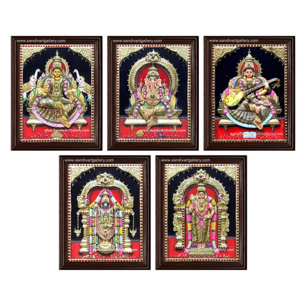 Vinayagar Lakshmi Balaji Saraswathi and Murugan- Pooja Room 3D Embossed Tanjore Paintings