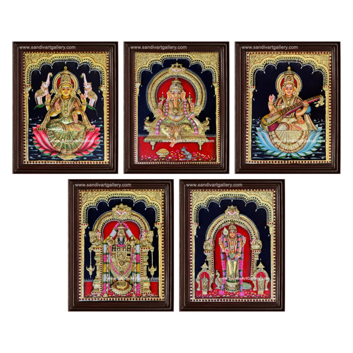 Vinayagar Lakshmi Venkateshwara Saraswathi and Thiruchendur Murugar- Pooja Room 3D Embossed Tanjore Paintings1