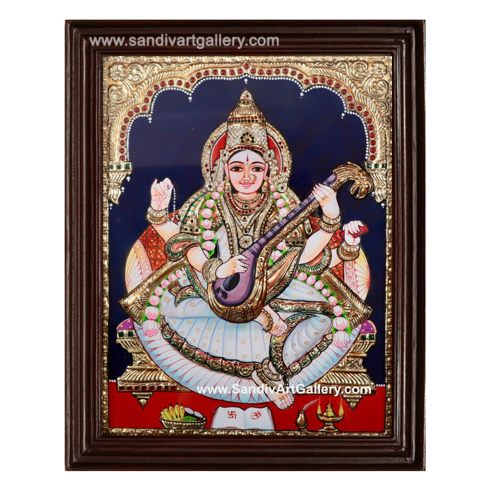 Saraswati Mata 2D Embossed Tanjore Painting