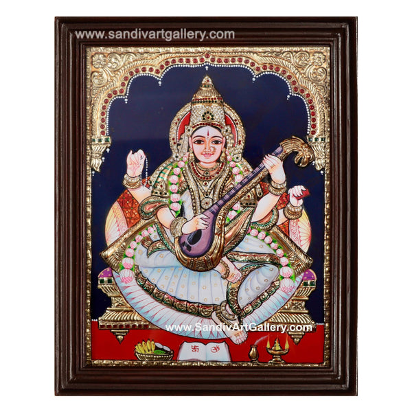 Saraswati Mata 2D Embossed Tanjore Painting