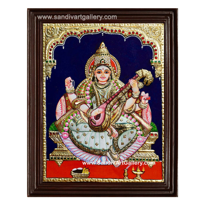 Goddess Saraswathi Semi Embossed Tanjore Painting