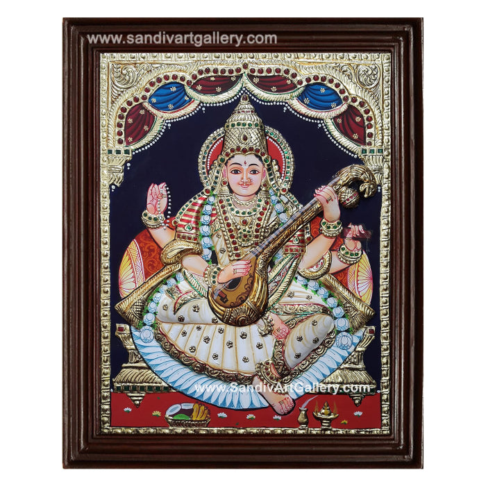 Saraswathi Devi Semi Embossed Tanjore Painting