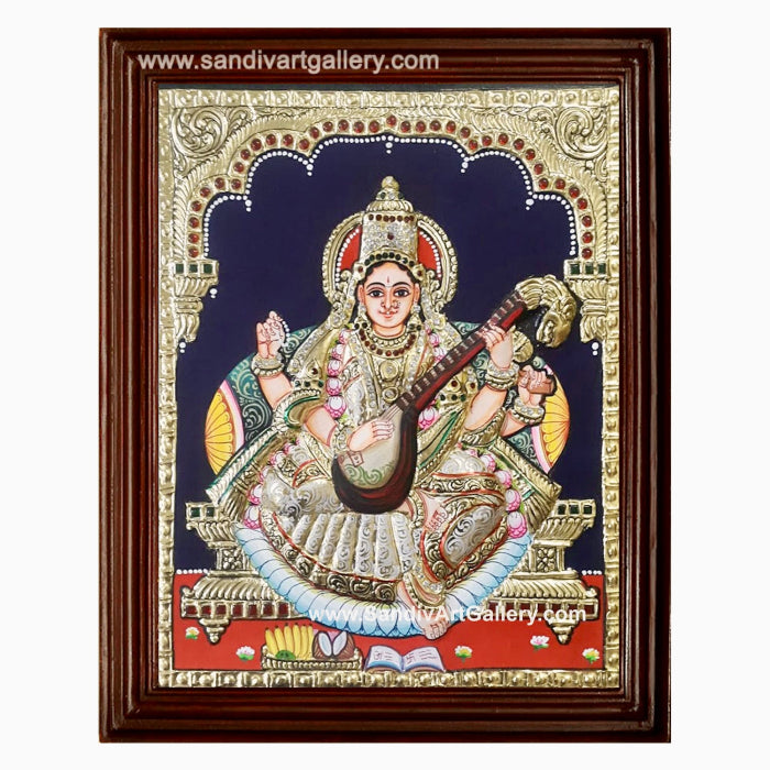 Saraswathi Maa Semi Embossed Tanjore Painting