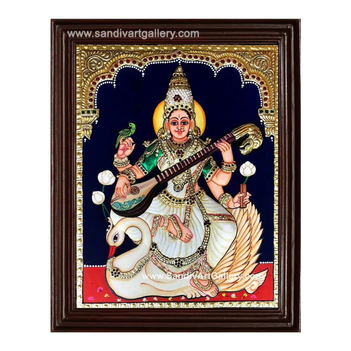 Saraswati on Swan 2D Embossed Tanjore Painting