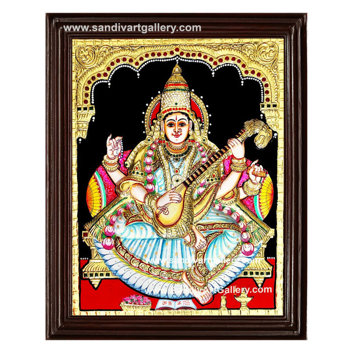 Saraswati Devi Semi Embossed Tanjore Painting