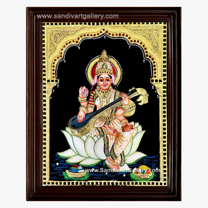 Saraswati Mata Semi Embossed Tanjore Painting