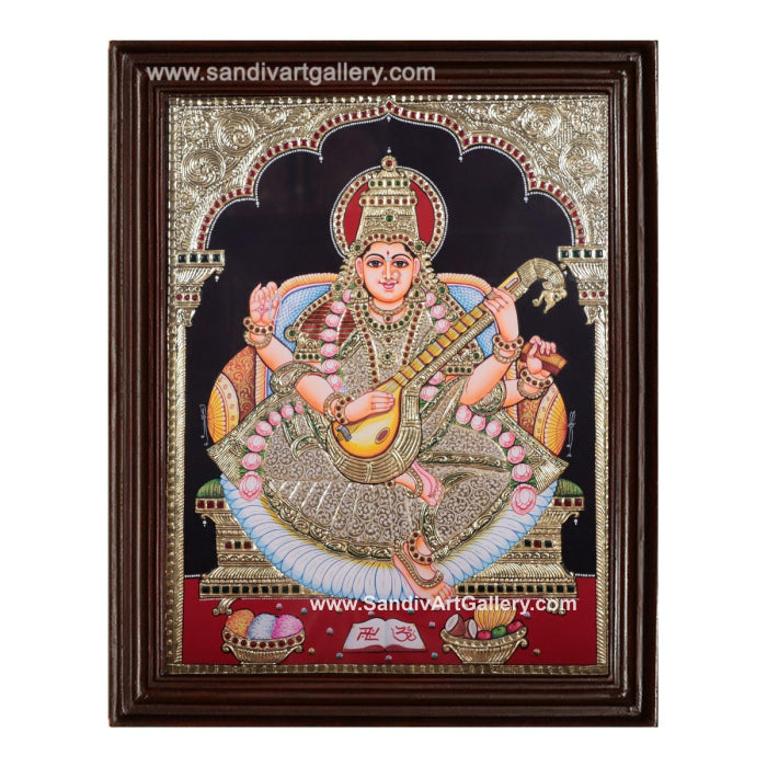 Saraswathi in Golden Saree Tanjore Painting