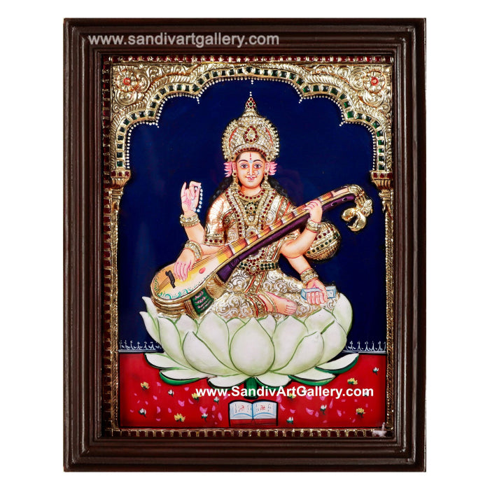 Saraswathi Maa on Lotus 3D Embossed Tanjore Painting