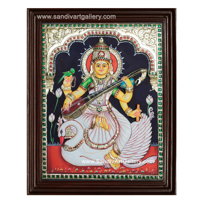 Saraswati on Swan 3D Embossed Tanjore Painting
