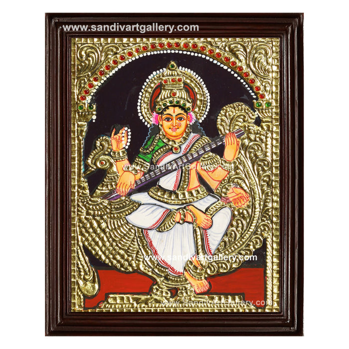 Goddess Saraswathi on Swan Tanjore Painting