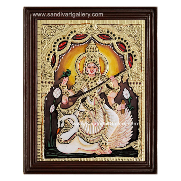 Saraswathi on Swan Tanjore Painting 1