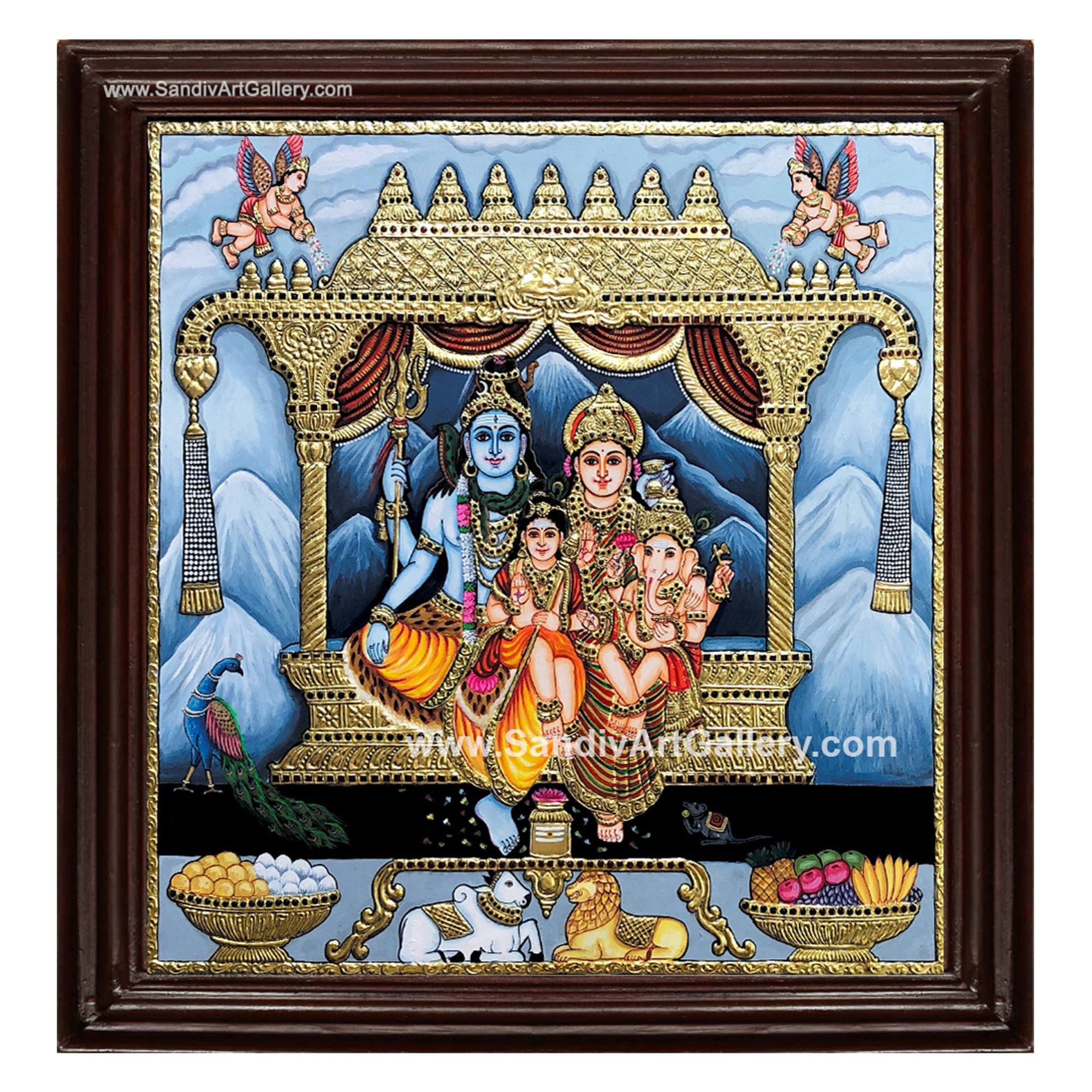 Shivan Parvathi Ganesha Karthikeya Tanjore Painting1