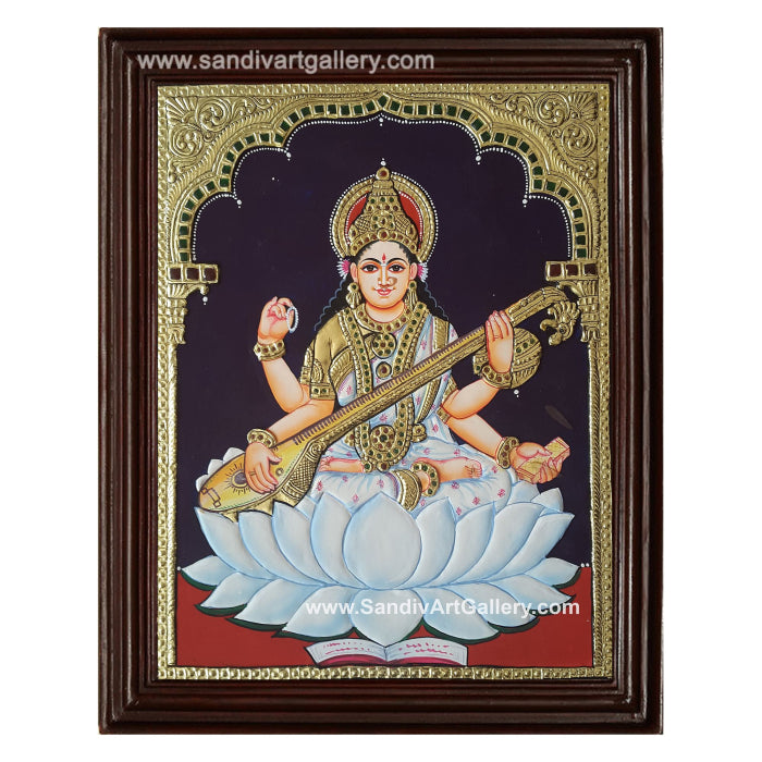 Saraswathi Mata on Lotus Tanjore Painting